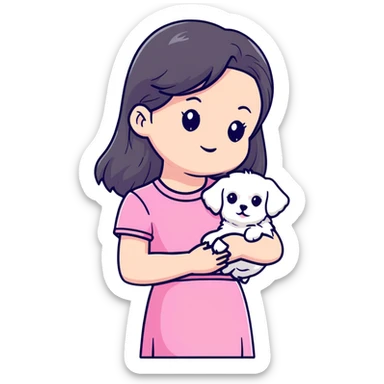 beautiful girl with long hair in pink top and skirt holding a small white Maltese puppy sticker