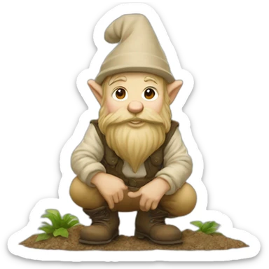 side view of gnome with light tan pants and light tan boots squatting in front of small dirt pile sticker