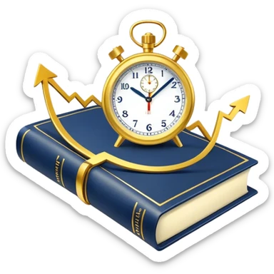 A navy blue productivity book with gold details, running clock and chart with upward trend aura, radiating productivity, strategy, and success in motion with time and happiness yellow sticker