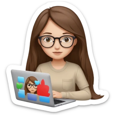 Girl in glasses,brown long hair, beige shirt, sitting with gray MacBook sticker