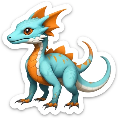 Rare realistic exotic cute white gloomy whitish and orange and cyan epic pretty beautiful handsome gorgeous aesthetic colorful vibrant Vernid-Trico-species-Fakemon-Salandit-hybrid-creature by LiLaiRa, 4 legs, 1 tail, random markings, (full body) sticker