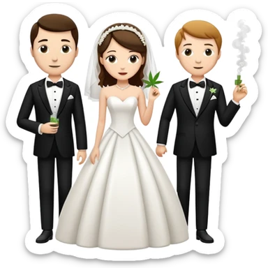A bride in white wedding dress and groom in tuxedo, full body, smoking cannabis, side by side sticker