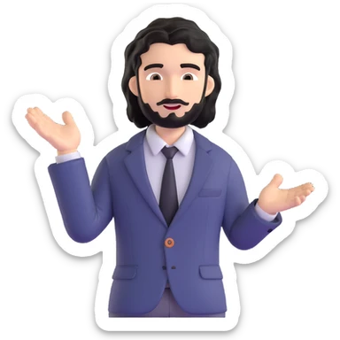 Business strategist with black wavy hair, stubble, chiseled face, wearing blazer and button-up shirt, leading a dynamic leadership workshop, engaging with a circle of participants, energetic teaching pose sticker