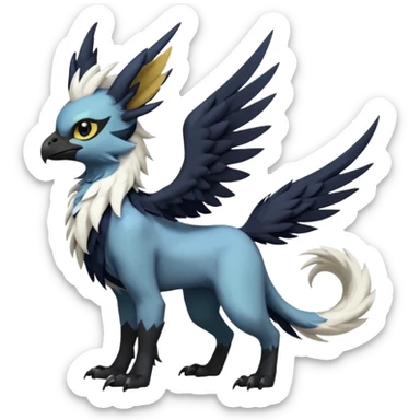 Dark-deep-colored gryphon-Trico-Nargacuga-Absol-Leafeon-Sprigatito-Silvally-fusion-hybrid with a long tufted tail, black beak, black claws, black tail, majestic, realistic, furry (full body) sticker