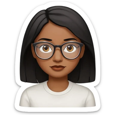 A 35 years old  woman emoji with medium-dark skin, straight shoulder-length black hair parted to the side, an oval-shaped face, arched dark eyebrows, large brown eyes with glasses, a small nose, and natural-toned lips. sticker
