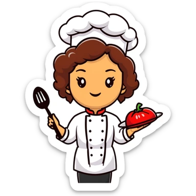 Mixed-race female chef with medium-length curly brown hair, wearing a chef's hat (toque), with both an angel halo and devil horns on her head sticker