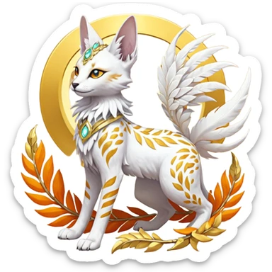 Epic complex fantasy glorious detailed futuristic divine godly angelic feathery sunny, white, albino, pastel, golden, orange glowing sparkly, realistic Fakémon-Sprigatito-Floragato-Meowscarada-Trico-Sergal-Serval-Solgaleo-Vernid-creature (full body) solarpunk, shiny sparkly with a gold laurel sticker