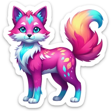 Vibrant multicolored neon-colored Falvie-Fionbri-creature-sparkle-feline-canine-hybrid-fursona, full body, fur pattern-markings sticker