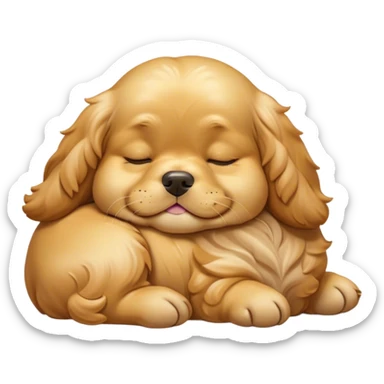 Cinematic Meme-Worthy Chubby Sleeping Gold Cocker Spaniel Portrait Emoji, Head resting peacefully with a contented smile, showcasing a delightfully chubby build and a luxuriously soft golden coat, eyes shut in a serene nap, Simplified yet hilariously adorable features, highly detailed, glowing with a soft, drowsy light, high shine, relaxed and utterly lovable, stylized with an air of playful laziness, bright and heartwarming, soft glowing outline, capturing the essence of a comically sleepy companion, so meme-worthy it feels like it could instantly become the next viral sensation of adorable slumber! sticker