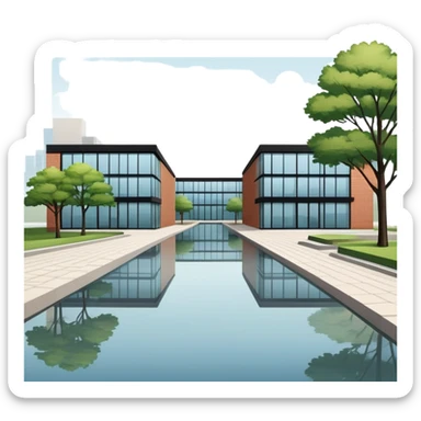 The image shows two identical modern buildings with flat roofs and brick walls, side by side. They have large glass windows, a wide walkway with trees in front, and a small water body nearby. The scene looks like a planned urban area or a design model. sticker