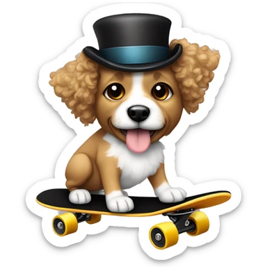 yochon mix. dog with light tan curly fur, very very long ears down. dark brown eyes, mouth closed. wearing a top hat on a skateboard sticker