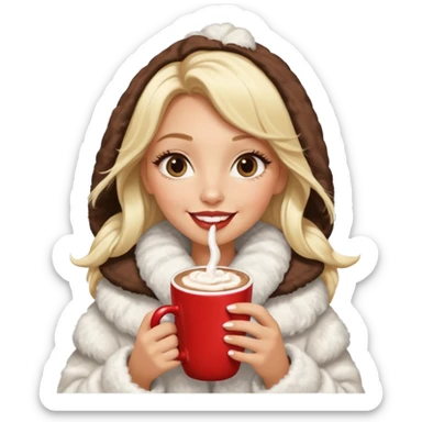Tanned Girl with lashes , blonde hair, in an extremely big fluffy oversized coat and hold hot chocolate drink and half moon eyes , big lip sticker