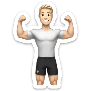 Joyful Celebrating victory Pale skinned Fit Man With the biceps and dark brown hair in black shirt, gray sports shorts and white Sneakers sticker