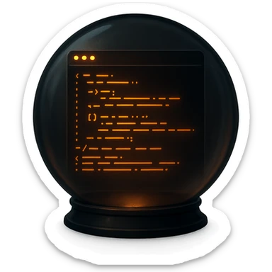 crystal ball showing a dark computer terminal with glowing orange code inside, hacker vibe, glowing effect, digital and secretive look sticker