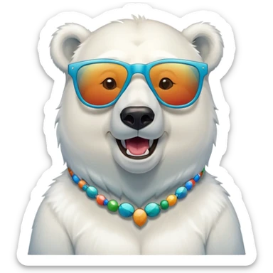 laughing polar bear headshot wearing a t-shirt and large multicolored extravagant glasses sticker
