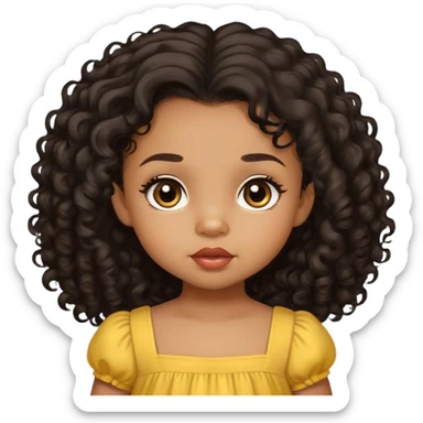 light brown skin tone, very adorable toddler, with big plump lips, long long lashes, black curly hair, middle hair parting, brown eyes, yellow dress sticker