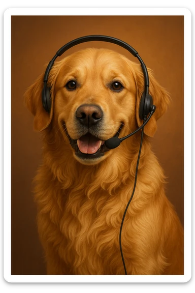 golden retriever wearing a customer support headset, friendly and approachable, detailed, professional, warm colors sticker