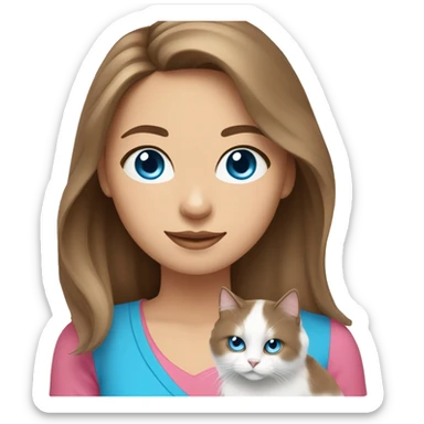 woman with long brown hair and pink shirt and holding a all white Siberian cat with blue eyes sticker