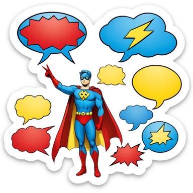 Create a vibrant and dynamic emoji representing comic books and graphic novels as an art form. The design should feature a comic book page with panels and speech bubbles, showcasing bold lines and vibrant colors. Include elements like a pencil or pen, as well as a superhero icon or an action scene to symbolize storytelling through visuals. Use bright, energetic colors like red, blue, and yellow to convey excitement and creativity. The overall design should feel playful, creative, and artistic. Make the background transparent. sticker