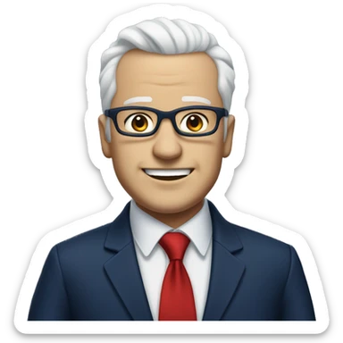 A heavy man, white skin, white hair, with glasses, no beard, smiling with teeth, and wearing a navy blue suit and red tie sticker