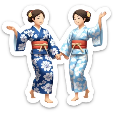 Cinematic Realistic scene of two performers engaging in Bon Odori, dressed in traditional yukata with intricate summer patterns, captured in graceful, rhythmic motion with warm, festive lighting sticker