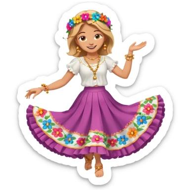 smiling barefoot woman dancing in a colorful wide skirt, flower headpiece, white blouse, and golden rosary sticker