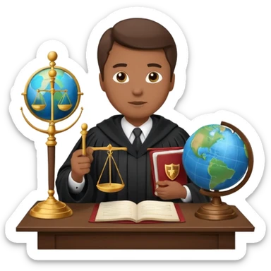 Create emojis representing:

A lawyer (legal profession symbol)

Scales of justice

Pen and paper (court documentation)

Globe (international cases)

Shield (rights protection)

Document (court ruling)

Speech bubble (negotiations/discussions)

Figure in judge's robe sticker
