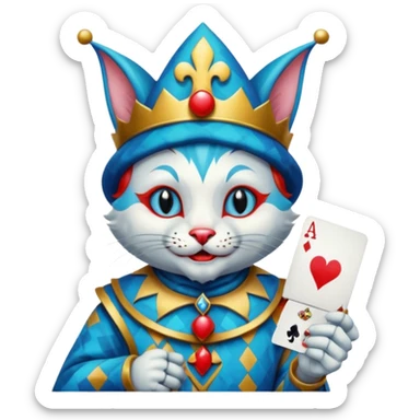 crazy colorful cute little cat jolly joker from poker, medieval, vintage, court jester, mac os icon, blue color, holds an ace poker card (clearly detailed and precise) sticker