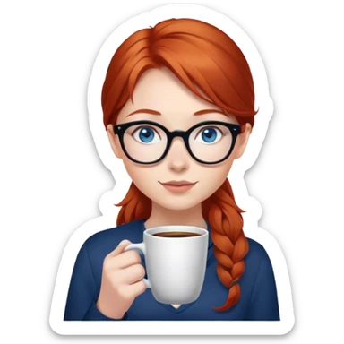 redhead girl with glasses holding a cup of coffee, she has blue eyes sticker