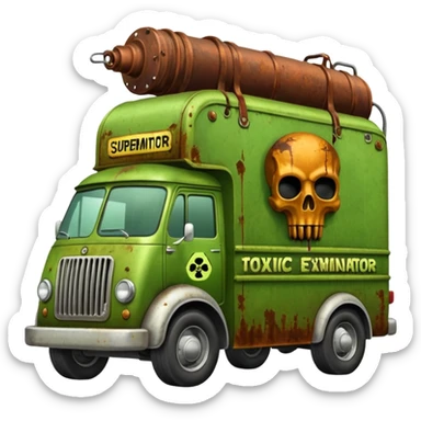 Heroic SuperBug Ron’s toxic-oozing exterminator superminator antique tall moving van (motto: Pay us to kill ’em) sticker