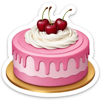 Round pink frosted cake with textured buttercream sides, placed on a gold cake board.
White whipped cream swirls on top, each topped with glossy red cherries with stems, clean studio lighting, isolated background, realistic minimal smooth emoji-style. sticker