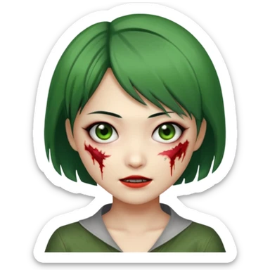 sweet Asian zombie girl emoji, short Ada Wong style hair, green skin, stitched cheek, mischievous grin sticker
