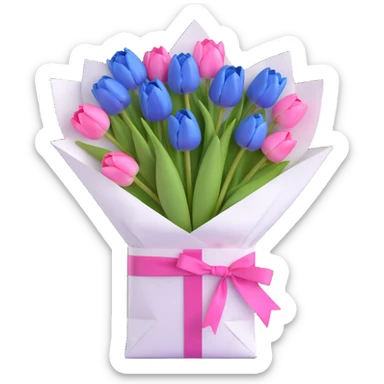 a bouquet of blue tulips in a white paper bag tied with a pink ribbon, soft pastel blue colors, gentle shadows, clean and minimalistic design, 3D iOS emoji style sticker