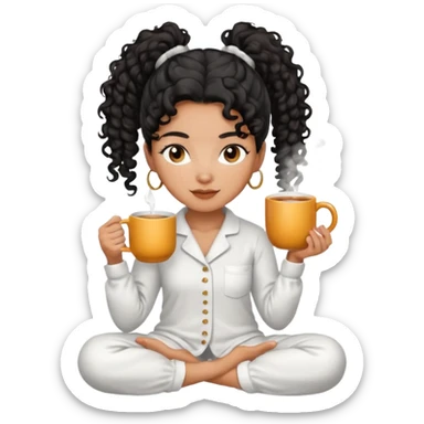 Mixed-race woman with caramel skin, black curly hair in a ponytail, wearing white pajamas, holding a steaming mug of tea sticker