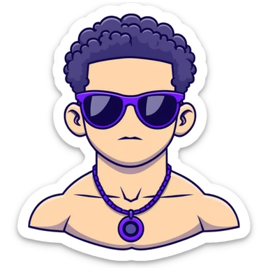 shirtless male athlete with white skin and moderately curly black hair on top with shaved sides, wearing purple sunglasses with black tinted lenses and a shiny black necklace sticker