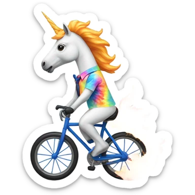 Unicorn with tie dye shirt riding a bike on fire sticker