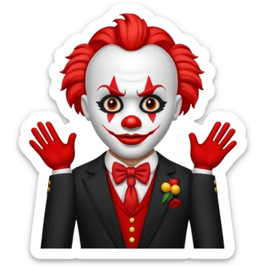 Crea un payaso con cara blanca que tenga en la frente una a en la cabeza, tengo unos cuernos negros y que en el cuerpo tengo un traje negro con rojo sticker