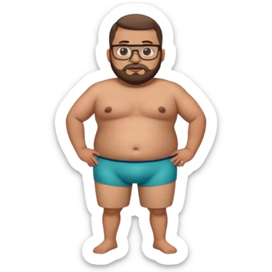 A very fat standing shirtless mexican guy in his boxers with a buzzcut, a beard, and glasses sticker