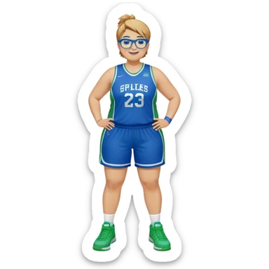 Full Body plus size white female basketball player with medium brown blond hair with short spike hair wearing blue glasses 
With a small wide nose wearing blue green uniform  green sneakers smiling wearing silver hoop earrings sticker
