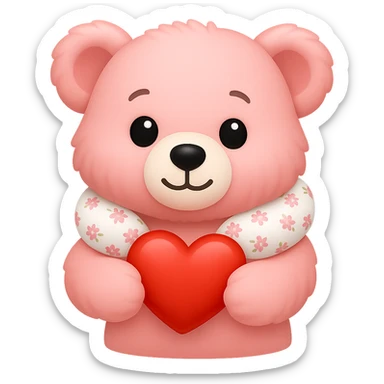 Create an iPhone emoji style pink teddy bear with a floral neck pillow. The bear is holding a heart, simple and cute, with a transparent background. Maintain the iPhone emoji style look. sticker