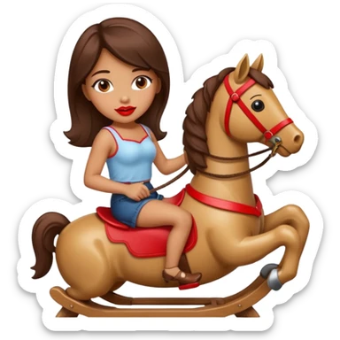 solarpunk - Seductive girl rides on a rocking horse and holds a huge lipstick sticker