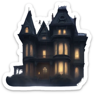 Fantastic close-up view, A very roomy ramshackle gothic Victorian Addams’s mansion looms through light fog at midnight  sticker