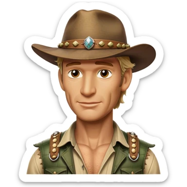 Cinematic Realistic Crocodile Dundee Pop Culture Emoji, depicted with rugged charm and adventurous spirit rendered with lifelike detail and cinematic lighting. sticker