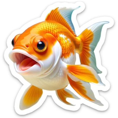 Cinematic Cute Yawning Orange and White Goldfish Portrait Emoji, Head tilted slightly with a dramatic, wide-open yawn, showcasing a smooth body with a balanced blend of orange and white, graceful fins slightly drooping, round golden eyes barely open in drowsy contentment, Simplified yet irresistibly adorable features, highly detailed, glowing with a soft, cozy glow, high shine, relaxed yet expressive, stylized with a touch of whimsy, bright and endearing, soft glowing outline, capturing the essence of a sleepy yet affectionate goldfish, so drowsy it feels like it could float out of the screen and curl up for a nap! sticker