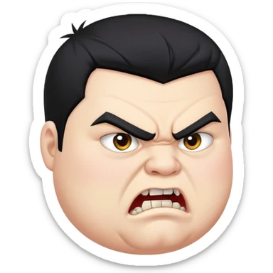 chubby young angry man in profile view with black hair, sharp fangs, crossed eyes sticker