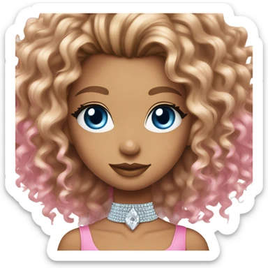 Girl with long curly hair, blue eyes with cateye eyeliner, bronde highlights, parted in the middle, wearing diamond choker, pink sparkly tube top, winking sticker