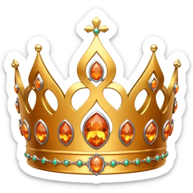 gold tiara with orange stones and a crusader emblem sticker