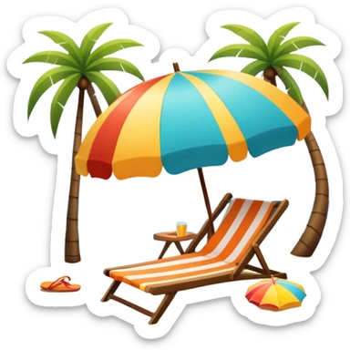 Vibrant Icon for Beach Tourism: a sunny beach with the sea, a lounge chair, a sun umbrella, and flip-flops. The icon should capture the essence of a relaxing beach vacation with a carefree atmosphere. Transparent background. sticker