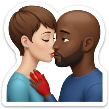 a white woman with short brown hair and a black man with no hair and a beard are facing one each other and the woman is giving a kiss to the man's forehead sticker
