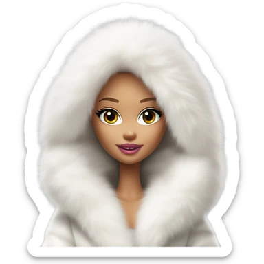 Barbie looking emoji  in an extremely big fluffy oversized white fur coat with hood on. The fur is real and it’s very obvious big and fluffy like in Pinterest  sticker